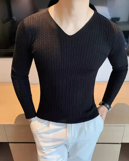 Men's V-Neck Long Sleeve Slim Fit Casual Knit Sweater