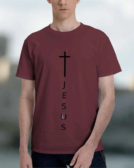 Men's 100% Cotton Casual T-Shirt with Large Cross and Jesus Letter Print