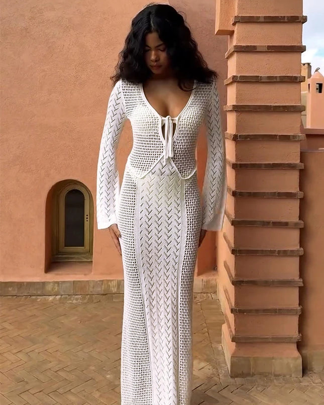 Women's Knit Swimsuit Cover-Up with V-Neck & Hollow-Out Design – Long Sleeve Beach Maxi Dress
