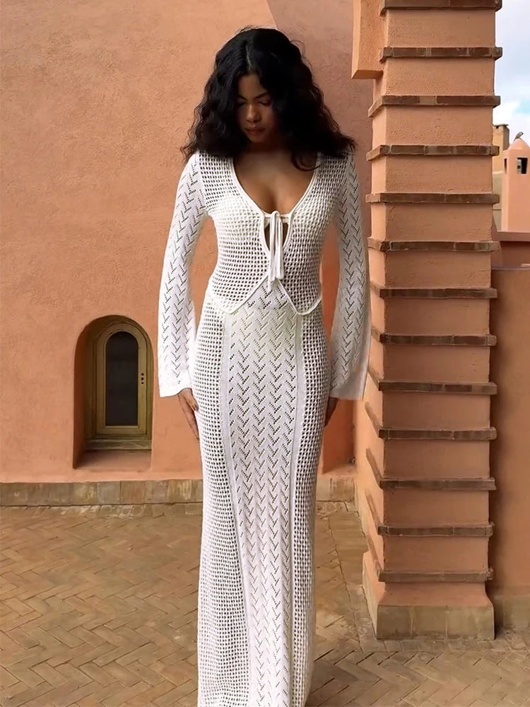 Women's Knit Swimsuit Cover-Up with V-Neck & Hollow-Out Design – Long Sleeve Beach Maxi Dress