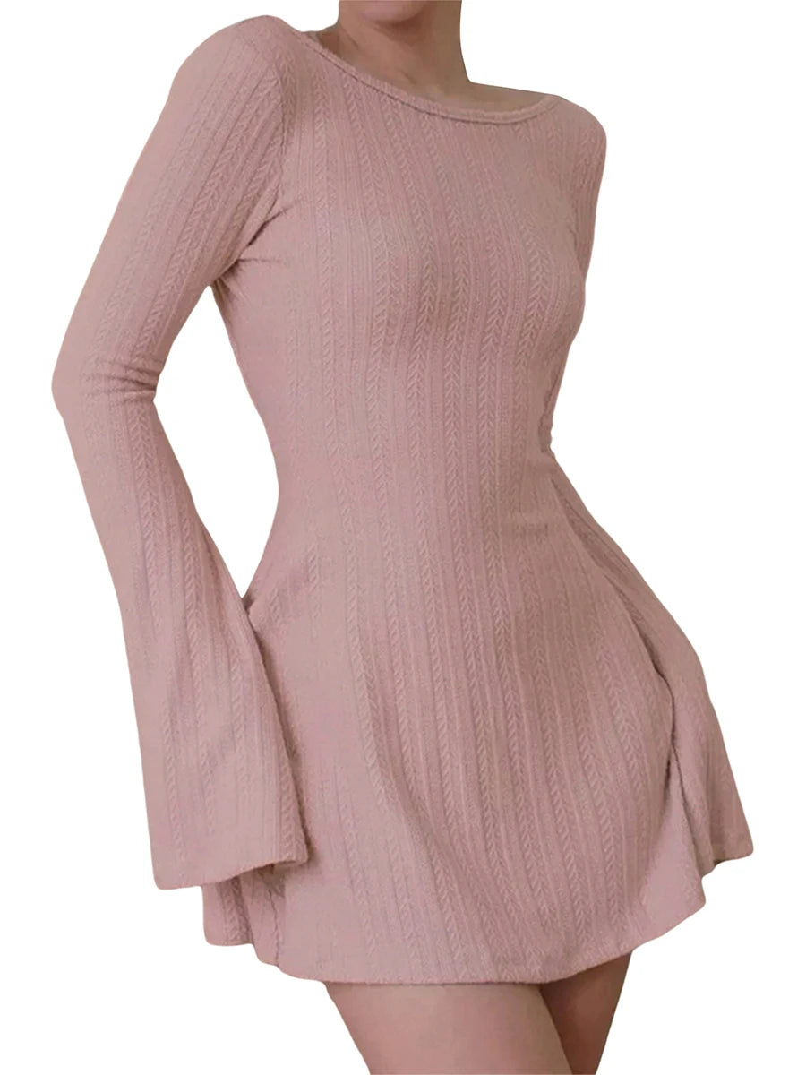 Women’s Long Sleeve Mini Dress with Crew Neck and Backless Design