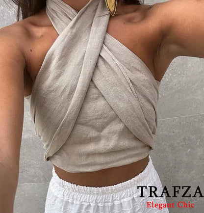 TRAFZA Women's Halter Neck Crossover 2-Piece Camisole and Pants Set