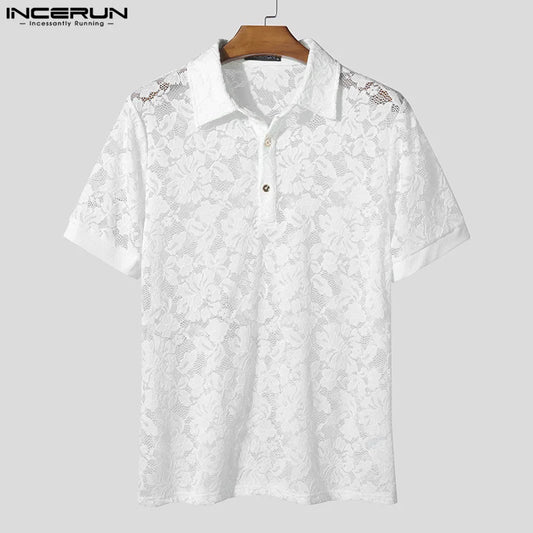 Increun Men's Short Sleeve Shirt with Lace, Transparent Mesh