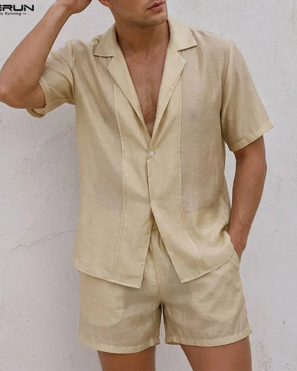 INCERUN Men’s Two-Piece Sheer Short-Sleeve Shirt and Shorts Set