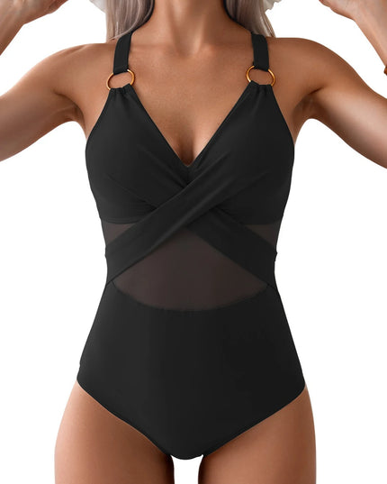Women’s One Piece Mesh Ruched Swimwear with Ring Link Design