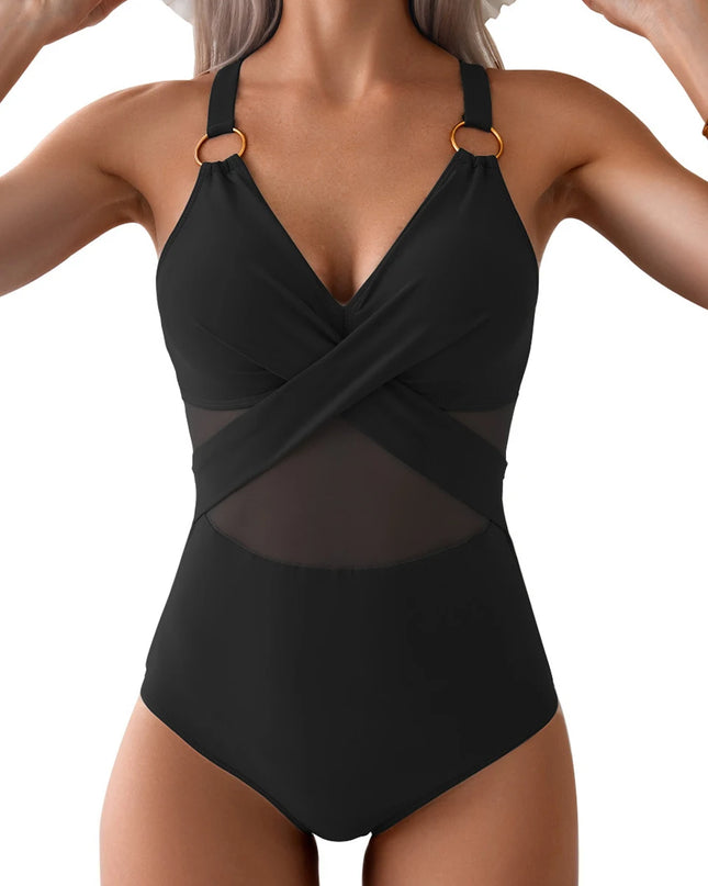 Women’s One Piece Mesh Ruched Swimwear with Ring Link Design