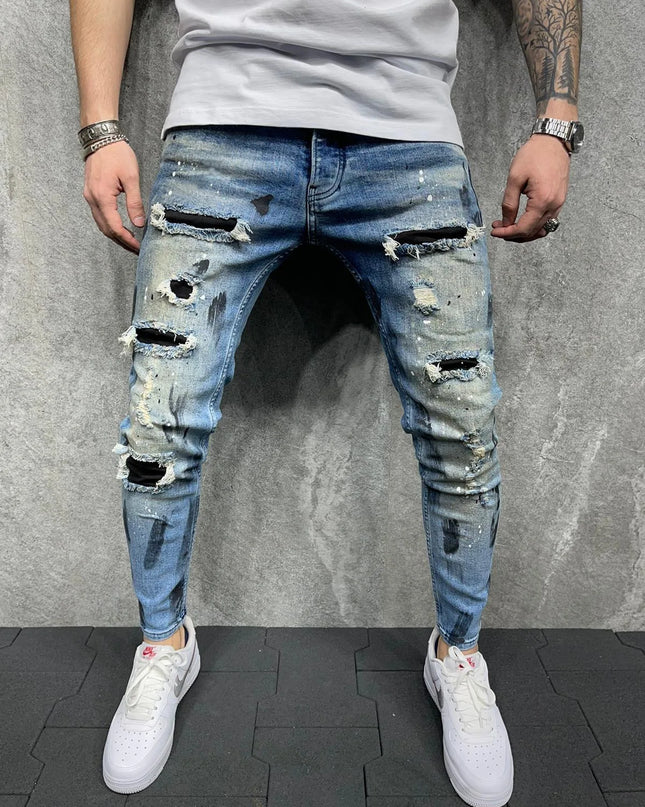 Men's Skinny Slim Fit Ripped Denim Jeans with Stretch, Hole & Patchwork Design