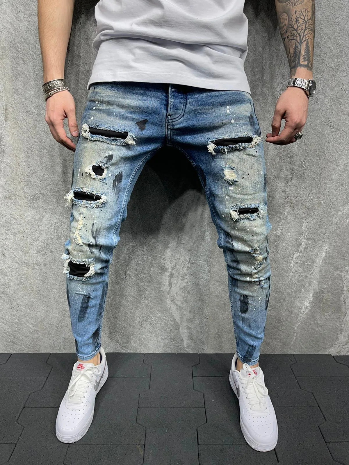 Men's Skinny Slim Fit Ripped Denim Jeans with Stretch, Hole & Patchwork Design