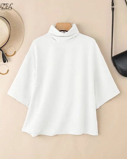 Zanzea Women's Elegant Turtleneck Half Sleeve Blouse