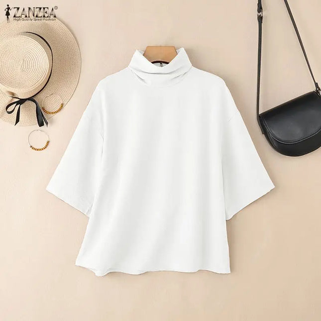Zanzea Women's Elegant Turtleneck Half Sleeve Blouse