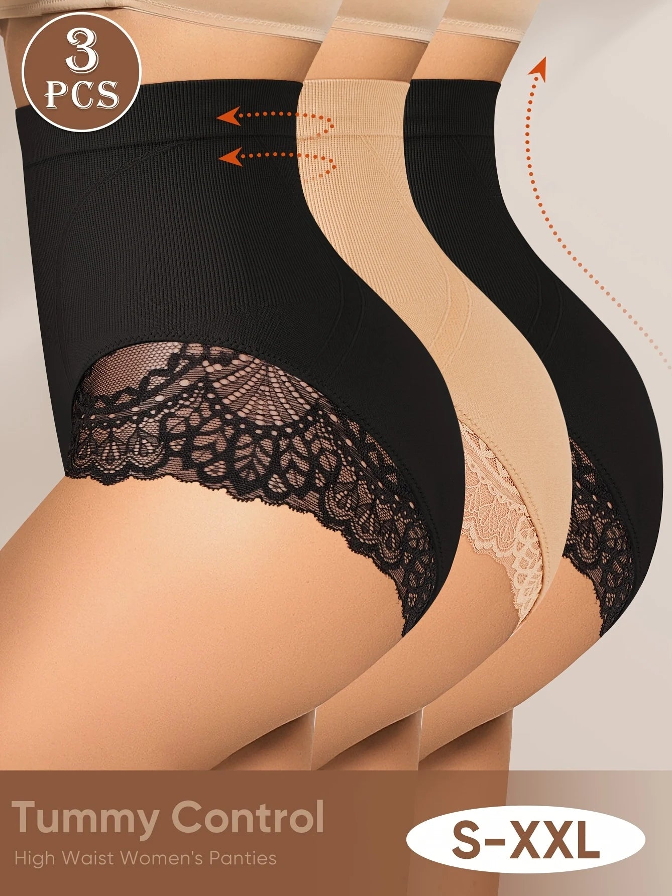 3-Piece Women's High-Waisted Tummy Control Seamless Shapewear with Lace Trim