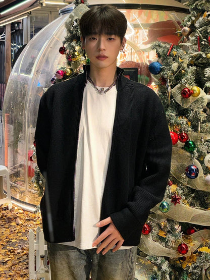 Men's Loose Knit Cardigan Sweater with Zip Closure