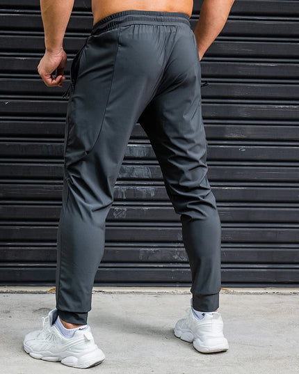 Men's Ice Silk Elastic Breathable Running Pants with Stripes, Quick-Dry, Zip Pocket Sweatpants