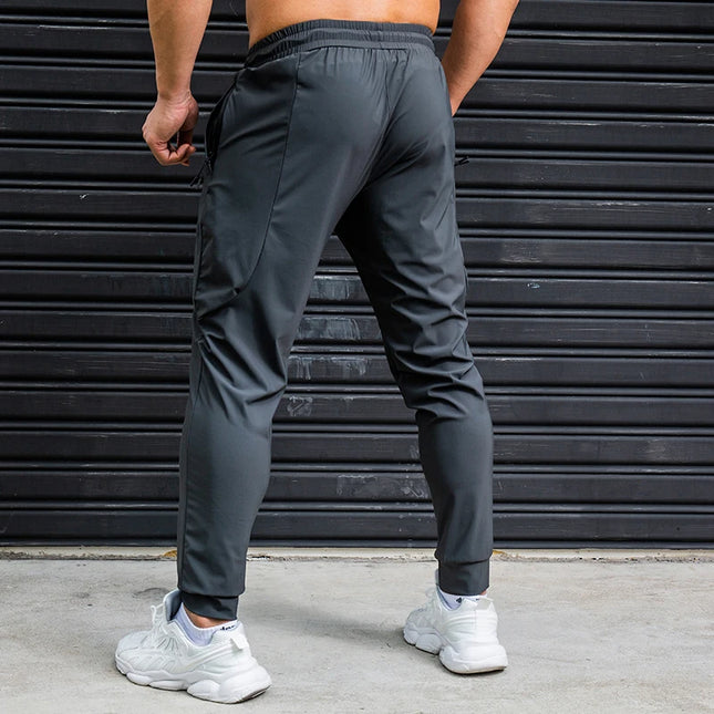 Men's Ice Silk Elastic Breathable Running Pants with Stripes, Quick-Dry, Zip Pocket Sweatpants
