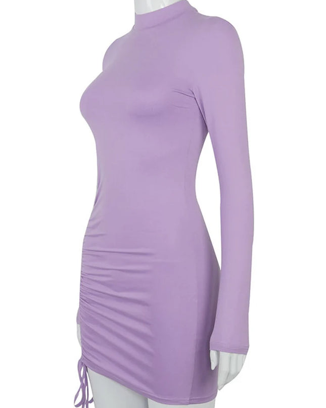 Women's Long-Sleeved Drawstring Dress with Pleated Waist and Hip Skirt