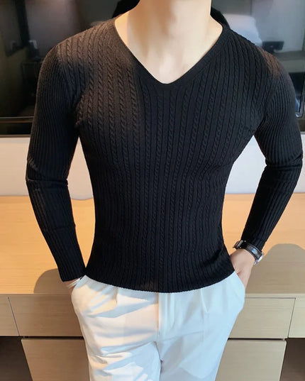Men's V-Neck Long Sleeve Slim Fit Casual Knit Sweater