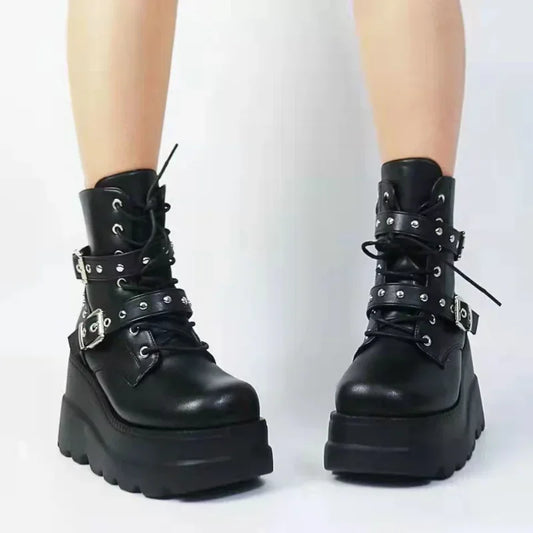 Women's Faux Leather Ankle Boots with Round Toe & Lace-Up Design