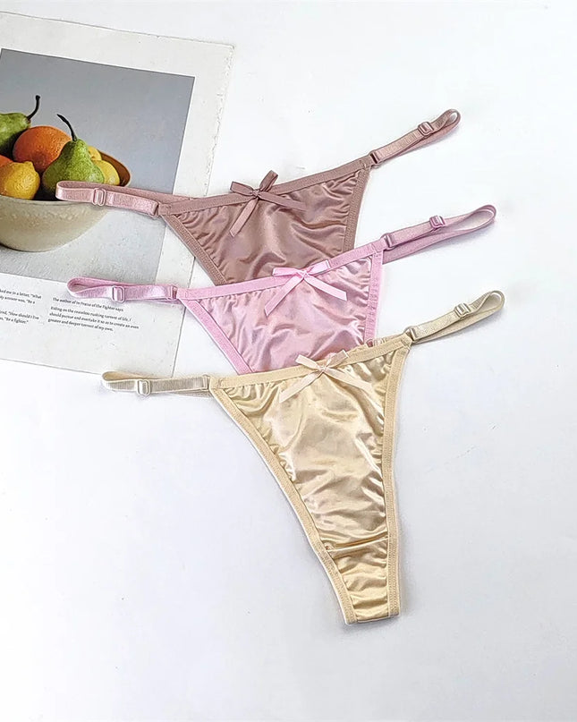 3-Piece Pink Satin Thong Set for Women - Adjustable Low Waist, Comfortable Silk Lace Underwear