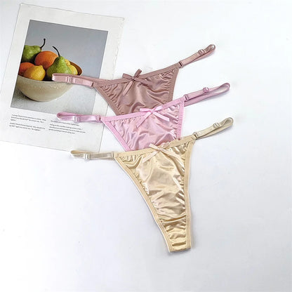 3-Piece Pink Satin Thong Set for Women - Adjustable Low Waist, Comfortable Silk Lace Underwear