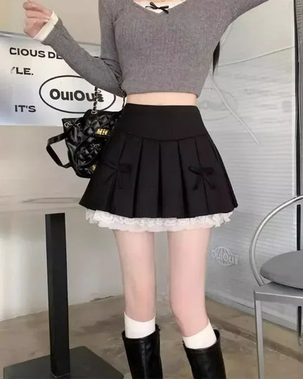 High Waist Pleated Mini Skirt for Women - Lace Preppy Bow Skirt