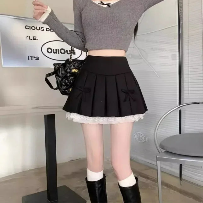 High Waist Pleated Mini Skirt for Women - Lace Preppy Bow Skirt
