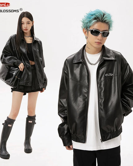 Unisex Black PU Leather Jacket with Metallic Print
