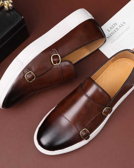 Men's Faux Leather Slip-On Shoes with Double Buckle