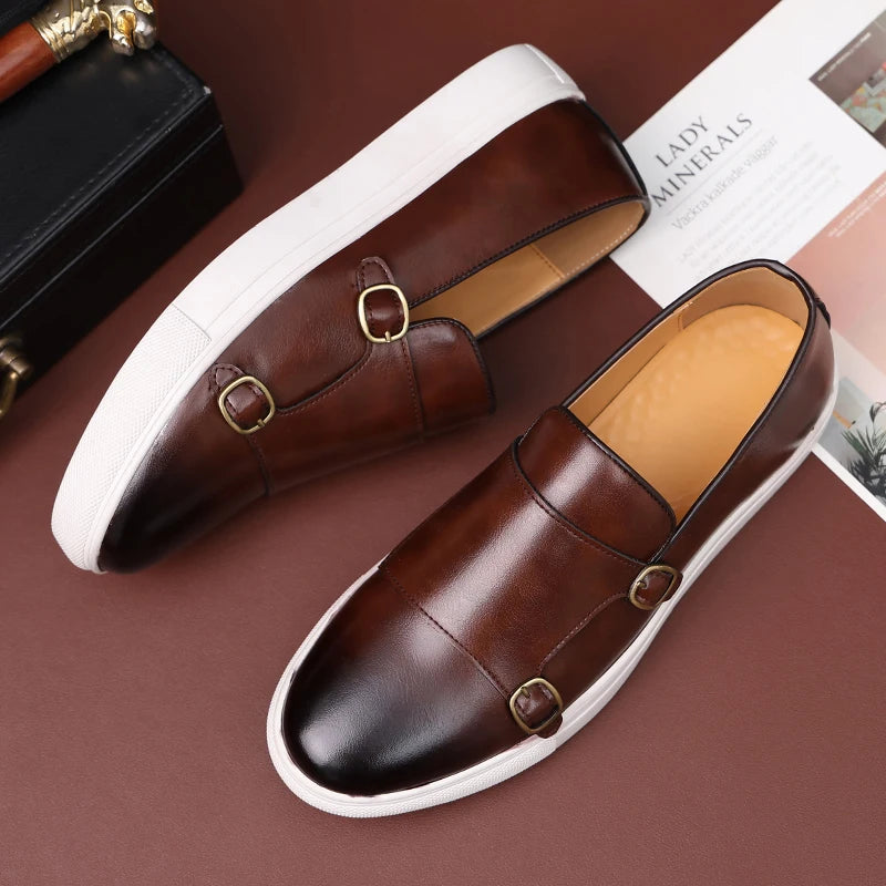 Men's Faux Leather Slip-On Shoes with Double Buckle