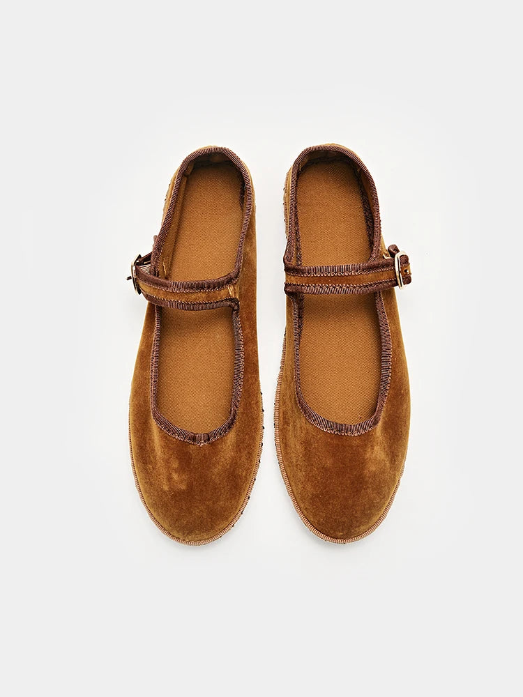 Velvet Mary Jane Flats for Women - Hand-Stitched Casual Shoes