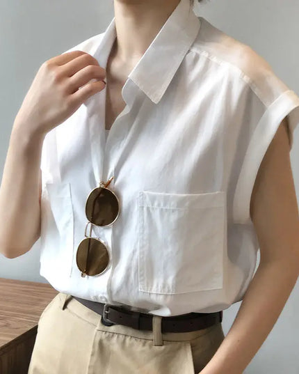 Women's Loose-Fitting Short Sleeve Shirt Blouse with Thin Style Lapel and Pocket