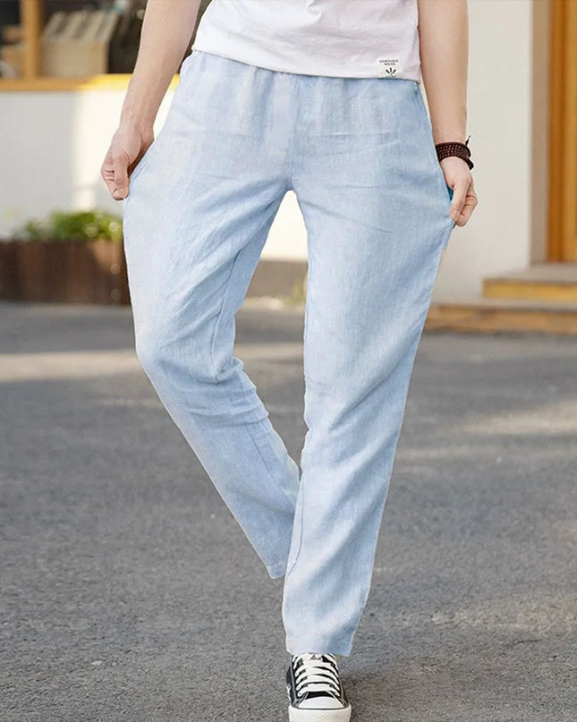 Men's Cotton Linen Pants - Straight Leg, Elastic Waist, Lightweight & Breathable Trousers
