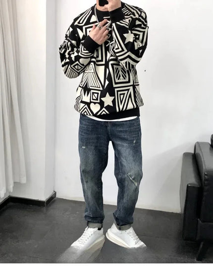 Men's Casual Printed Chao Pai All-Match O-Neck Sweater Tops