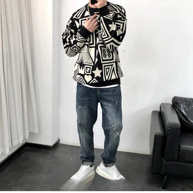 Men's Casual Printed Chao Pai All-Match O-Neck Sweater Tops