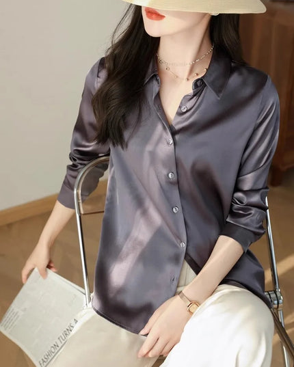 Elegant Satin Women's Blouse with Long Sleeves and Turn-down Collar