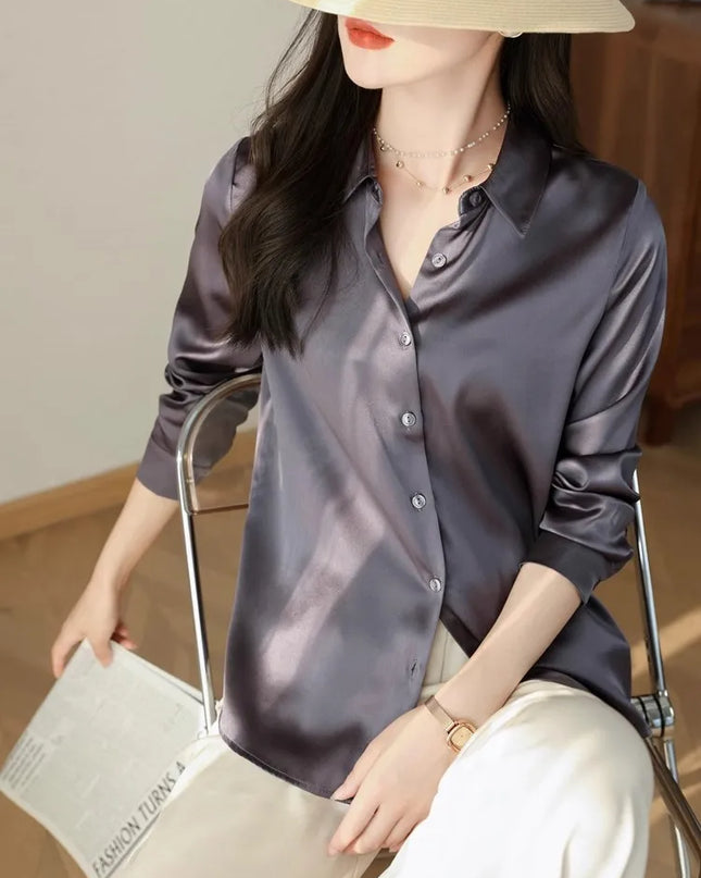 Elegant Satin Women's Blouse with Long Sleeves and Turn-down Collar