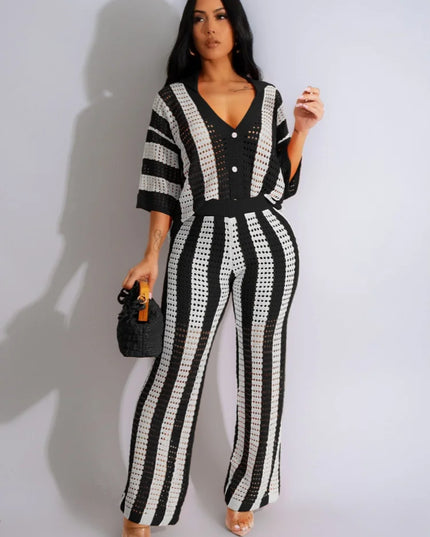 Women's Knitted 2-Piece Set - Short Sleeve Button Top & Loose Crocheted Pants
