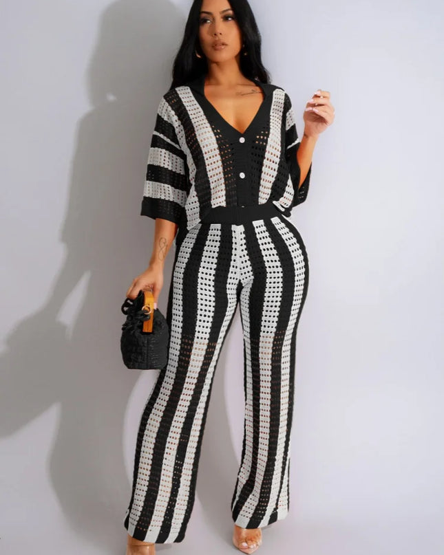 Women's Knitted 2-Piece Set - Short Sleeve Button Top & Loose Crocheted Pants