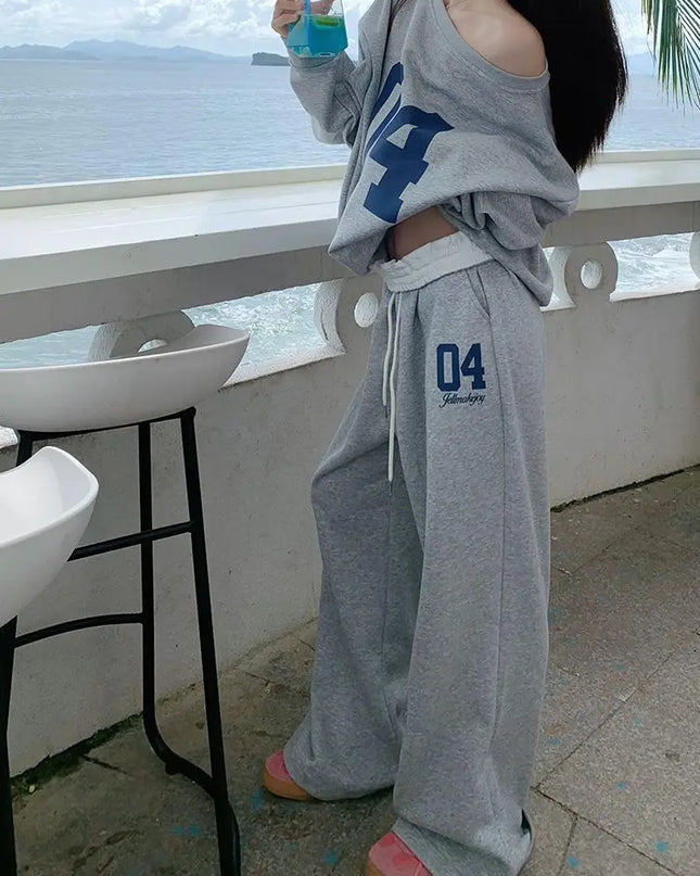 Women's Casual 2-Piece Outfit Set - Oversized Letter Print Off-Shoulder Sweater & Pants Se