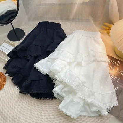 Women's Kawaii Japanese Style Irregular Mini Skirt with Elastic Waist in Black and White