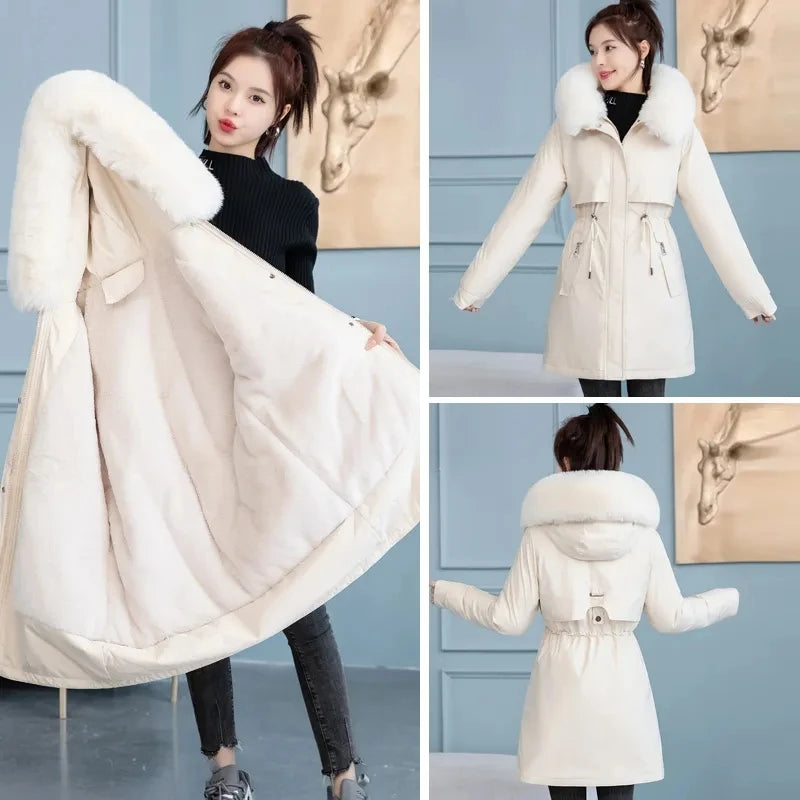 Women's Long Hooded Parka Coat with Wool Lining and Fur Collar - Various Colors