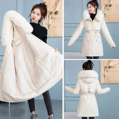 Women's Long Hooded Parka Coat with Wool Lining and Fur Collar - Various Colors