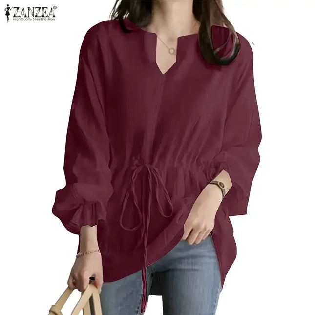 Zanzea Women's Long Sleeve Blouse with U-Neck, Drawstring Waist