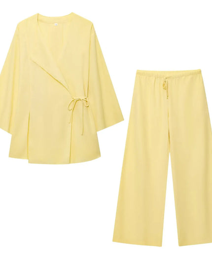 Linen Women's 2-Piece Set: Kimono Style Loose Lace-Up Shirt and Wide Leg Pants