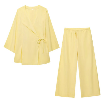 Linen Women's 2-Piece Set: Kimono Style Loose Lace-Up Shirt and Wide Leg Pants