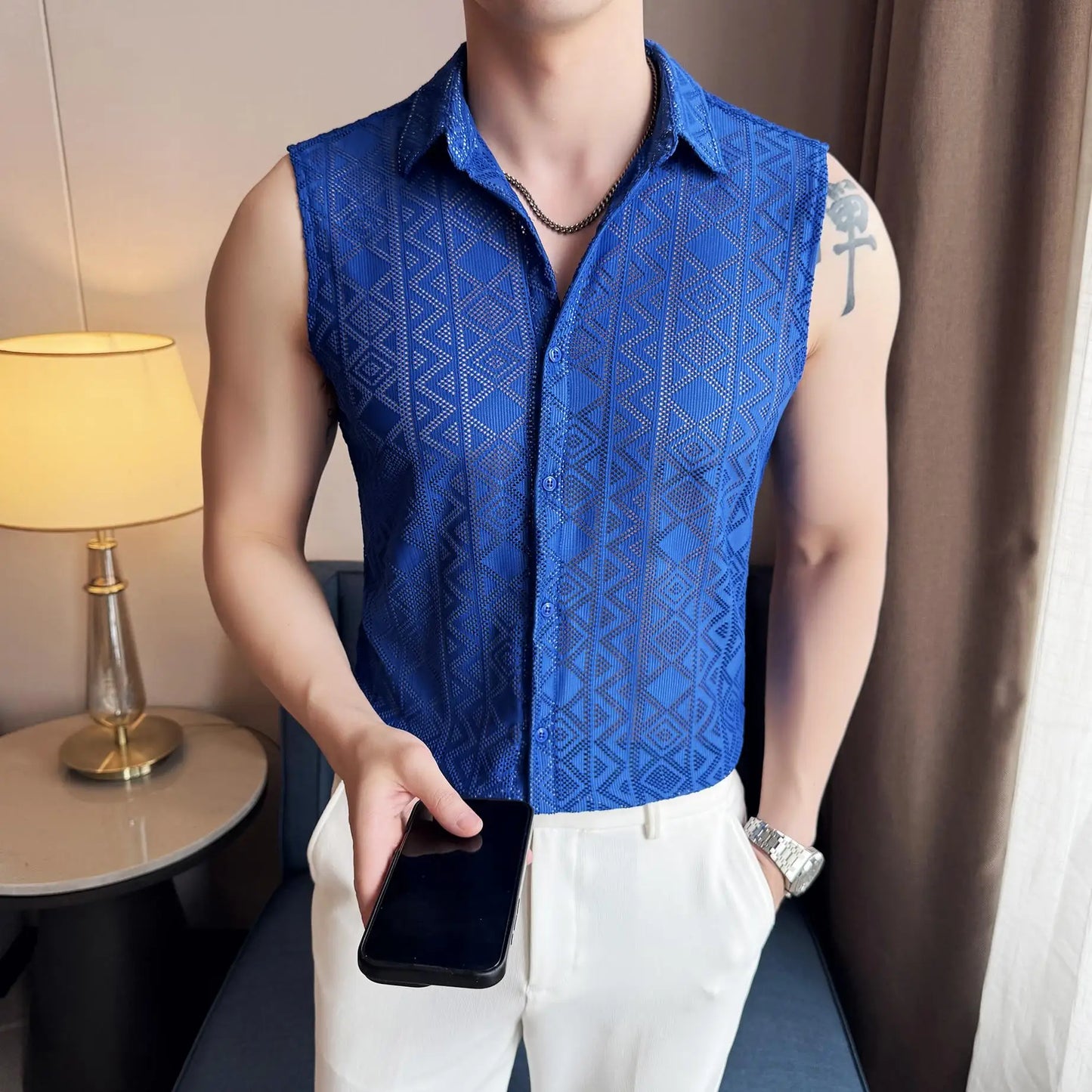 Men's Slim Fit Sleeveless Vest Shirt with Hollowed-Out Design