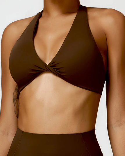 Women's Nylon Halter Sports Bra with Front Twist, Padded and Supportive Bralette for Activewear