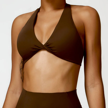 Women's Nylon Halter Sports Bra with Front Twist, Padded and Supportive Bralette for Activewear