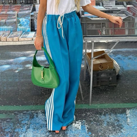 Women's Wide Leg Track Pants - Baggy Side Striped Sweatpants with Elastic Waistband