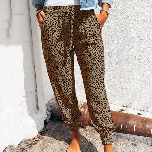 Women's Casual Lace-Up Pants in Loose Fit with Leopard Print - Various Colors