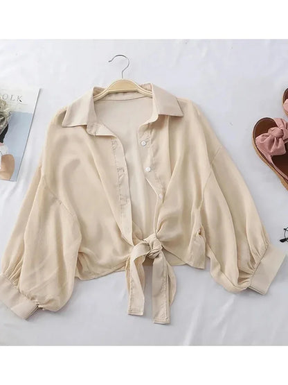 Women's Loose Tied Waist Blouse - Half Sleeve Chiffon Button-Up Shirt